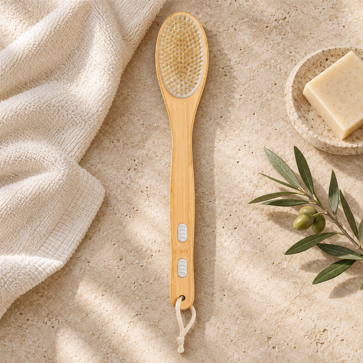 Bamboo Double-Sided Body Brush with Long Handle and Wall Hook