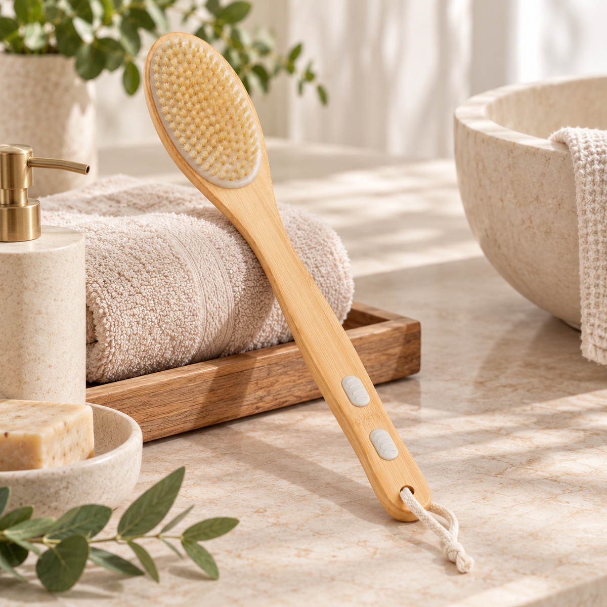 Bamboo Double-Sided Body Brush with Long Handle and Wall Hook