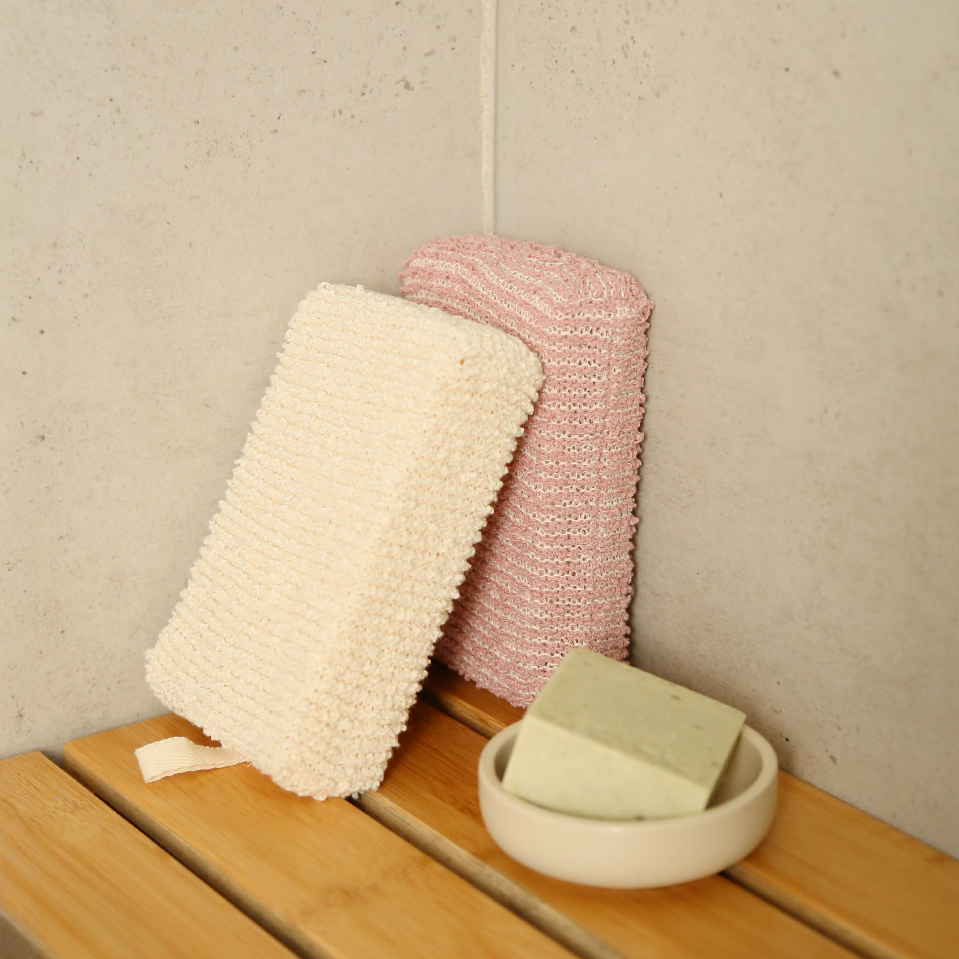 Exfoliating Bath & Shower Square Sponge Beige & Pink