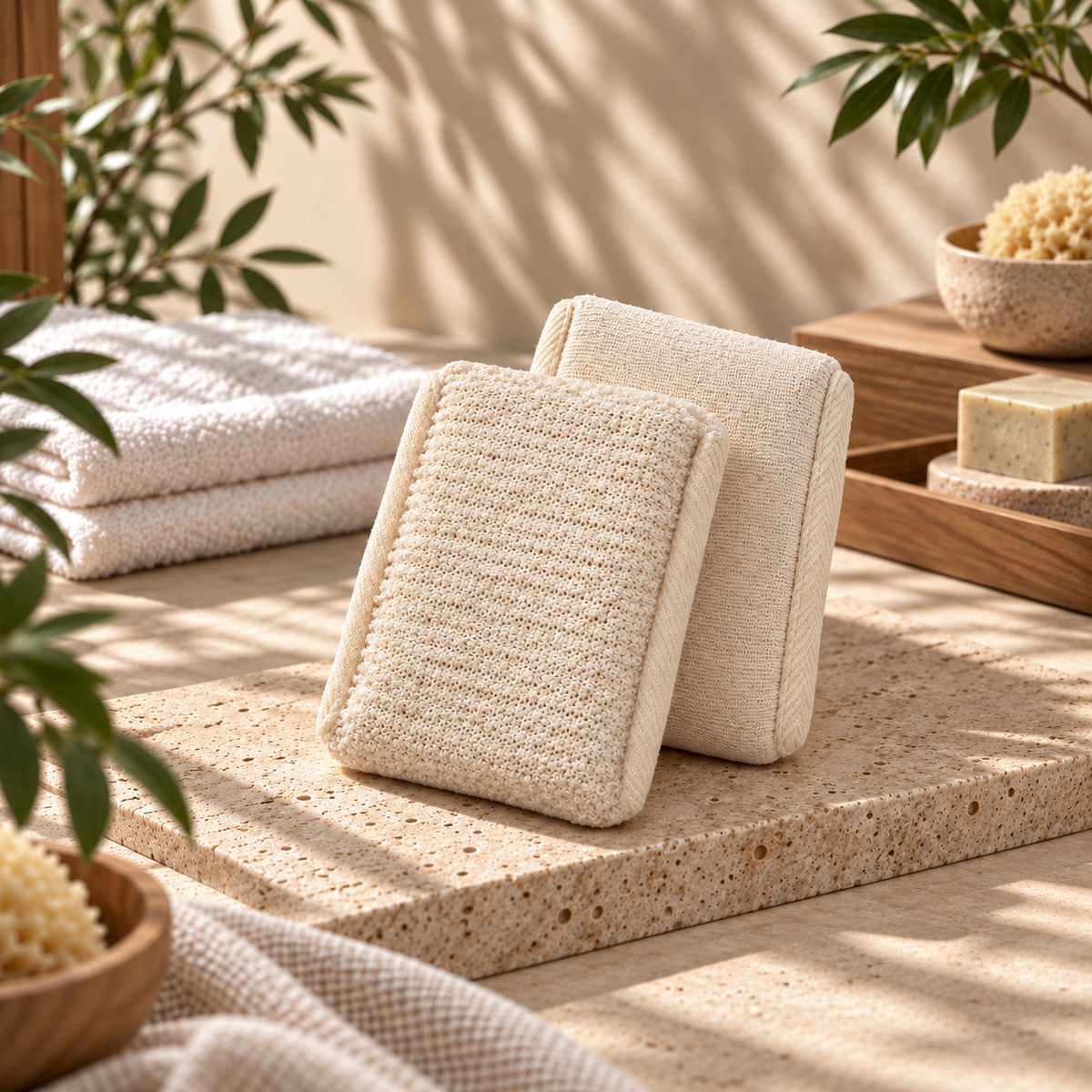 Double-Sided Loofah Pad & Back Scrubber 2Pcs Set, Ivory