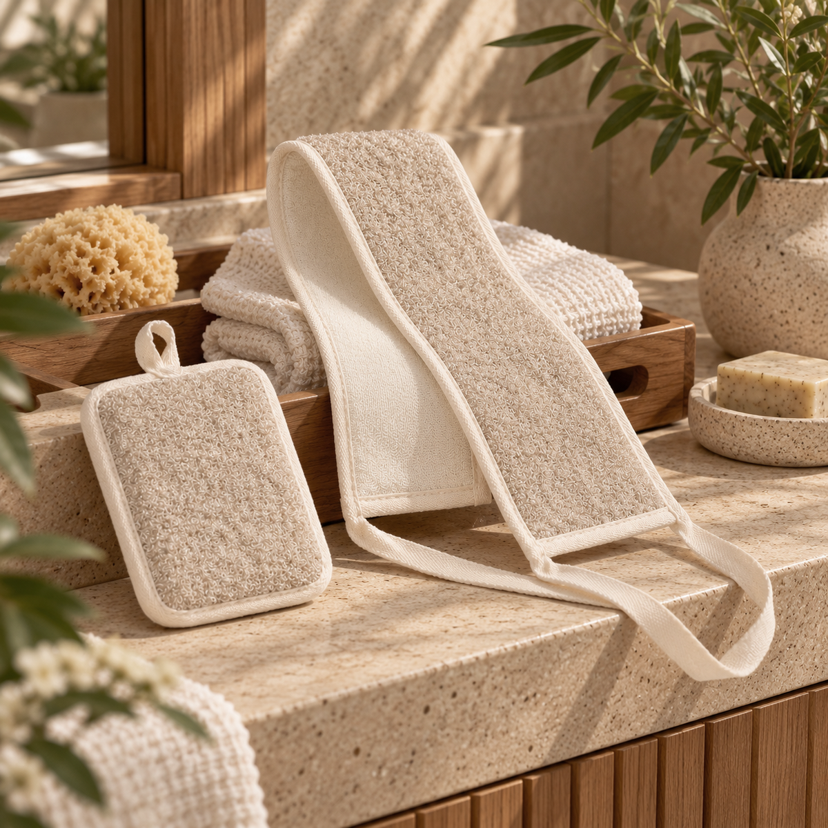 Flax Exfoliating Shower Loofah & Back Scrubber 2Pcs Set, Tan