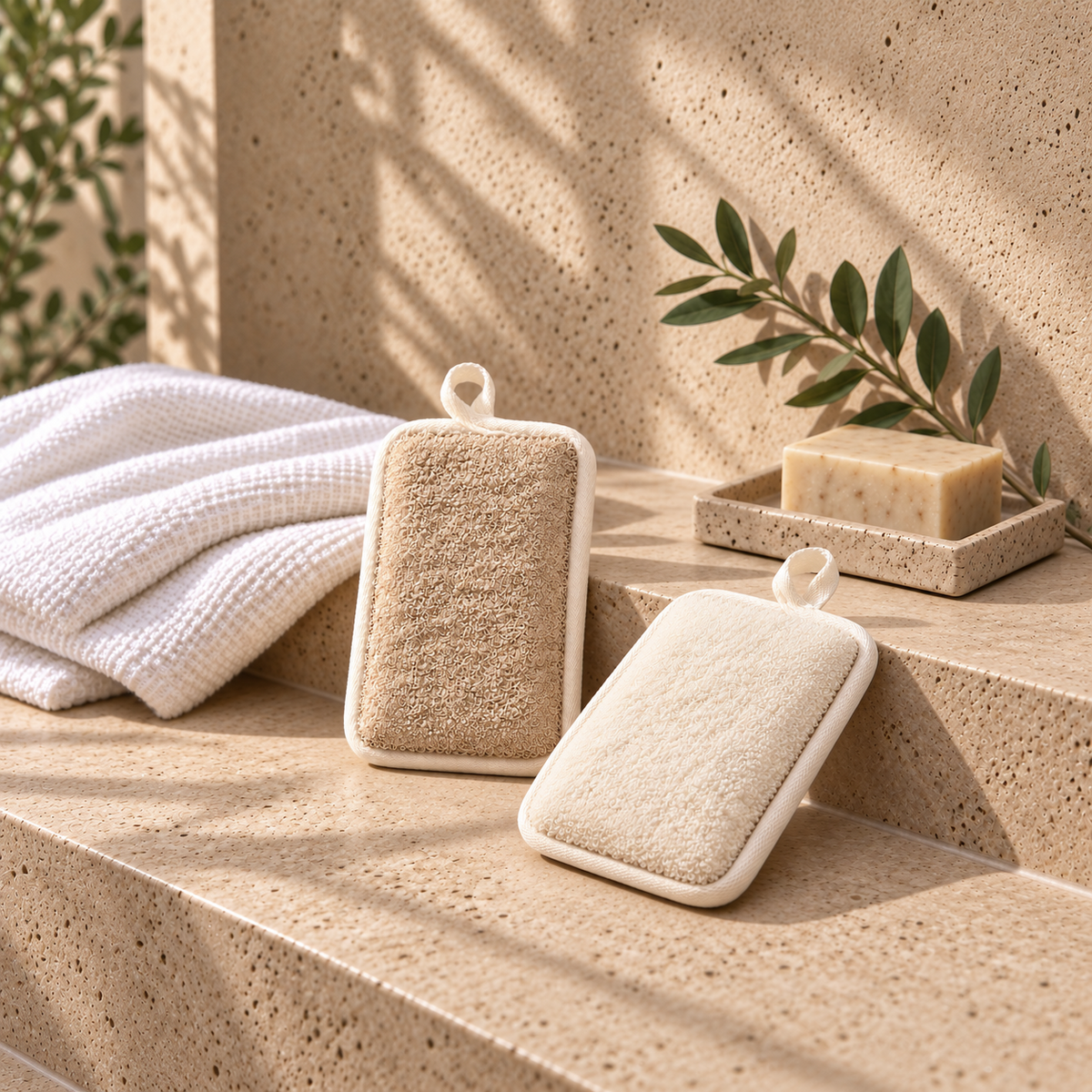Flax Exfoliating Shower Loofah & Back Scrubber 2Pcs Set, Tan
