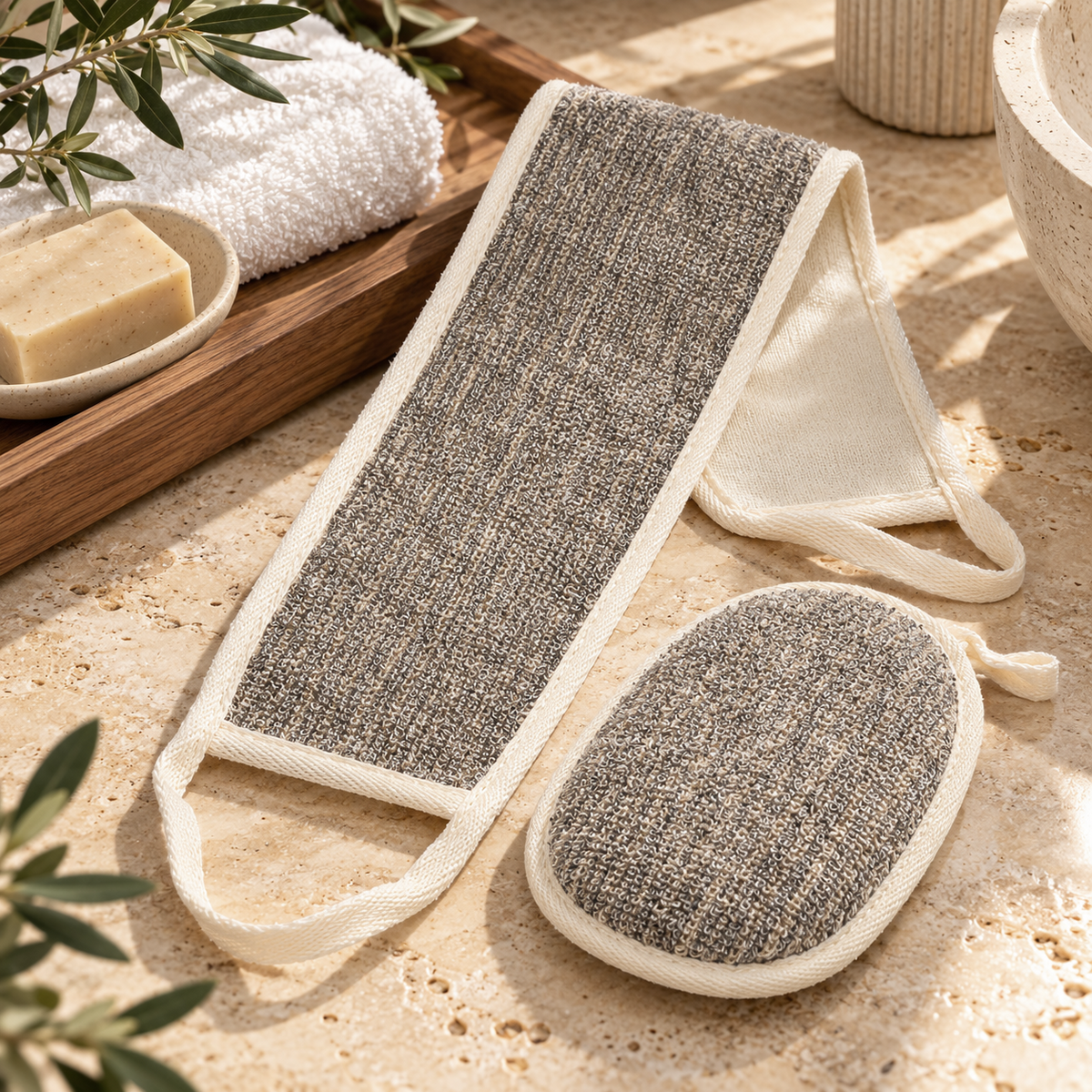 Flax Exfoliating Oval Loofah & Back Scrubber 2Pcs Set, Gray