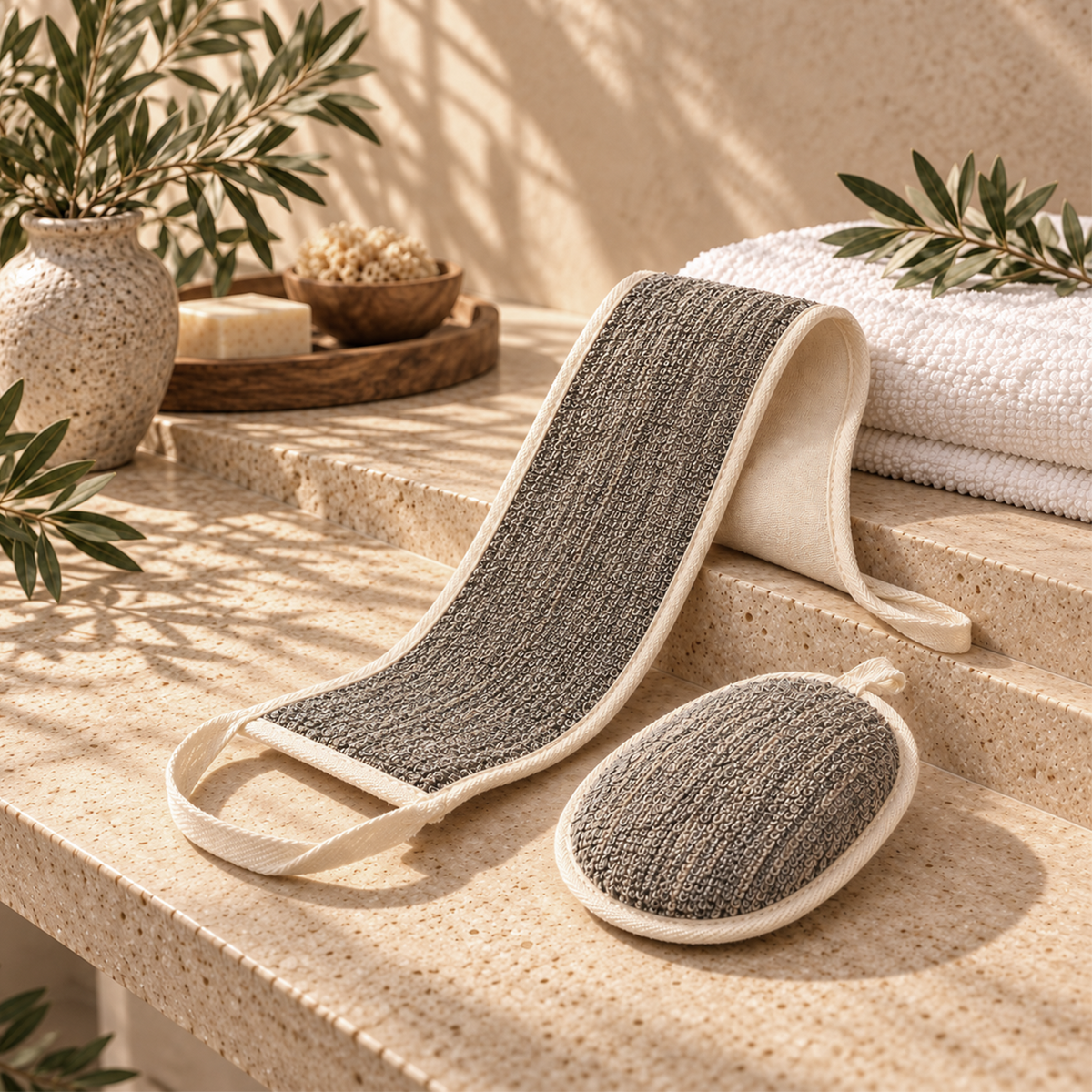Flax Exfoliating Oval Loofah & Back Scrubber 2Pcs Set, Gray
