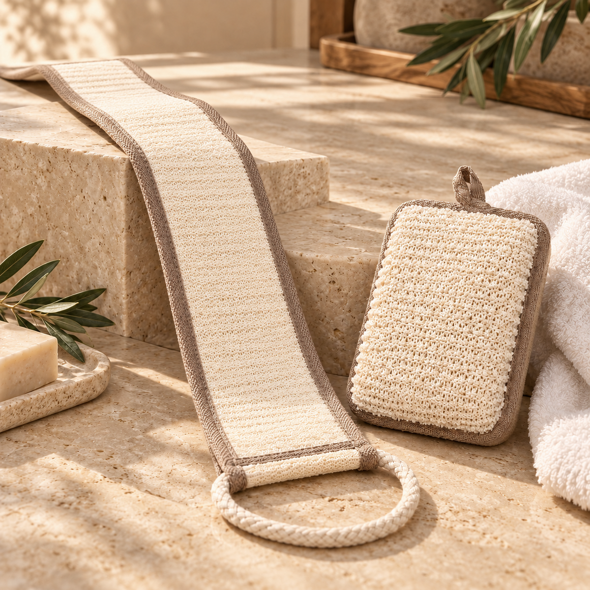 Exfoliating Shower Loofah & Back Scrubber 2Pcs Set, Brown