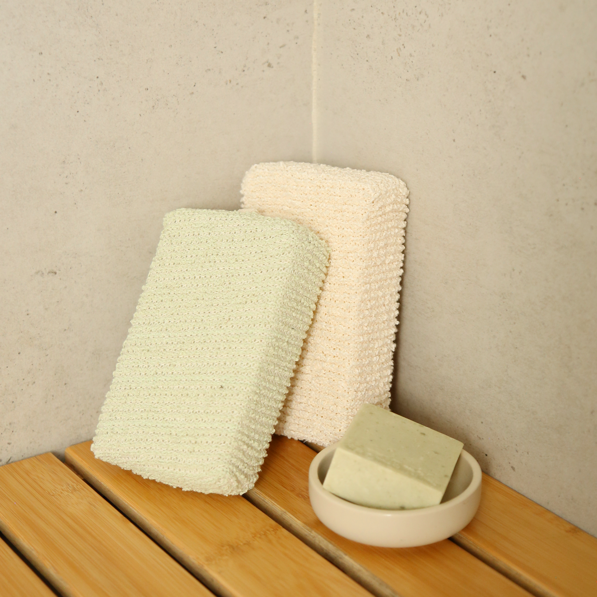 Exfoliating Bath & Shower Square Sponge Beige & Green