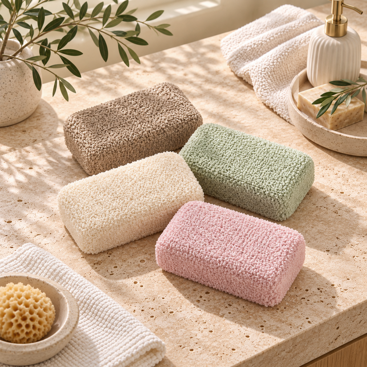 Exfoliating Bath & Shower Sponges 4Pcs Set, Assorted Colors