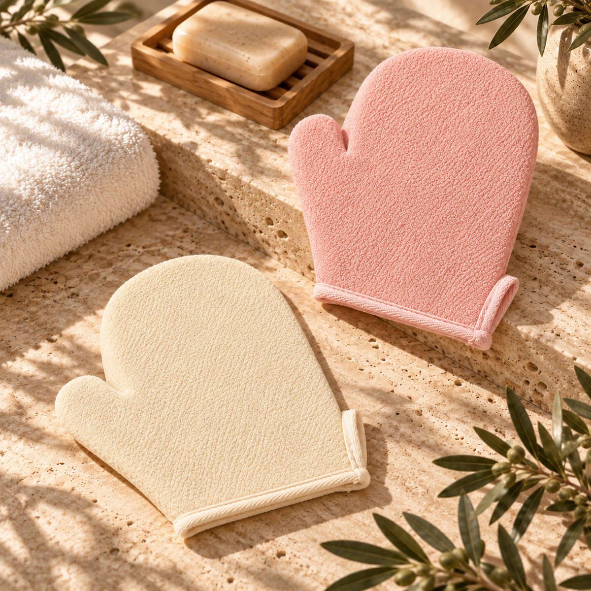 Viscose Exfoliating Bath & Shower Gloves 2Pcs Set, Beige & Pink