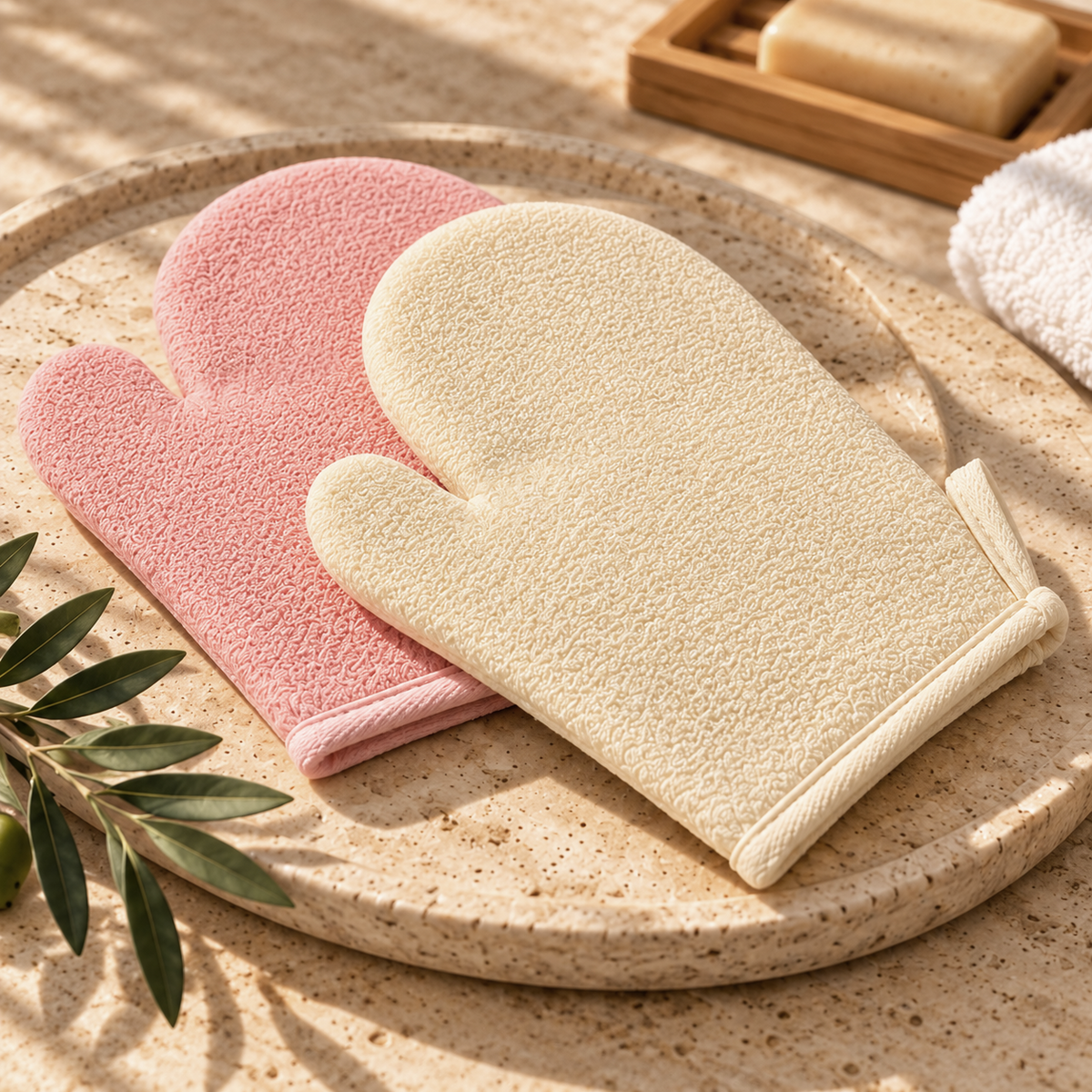 Viscose Exfoliating Bath & Shower Gloves 2Pcs Set, Beige & Pink