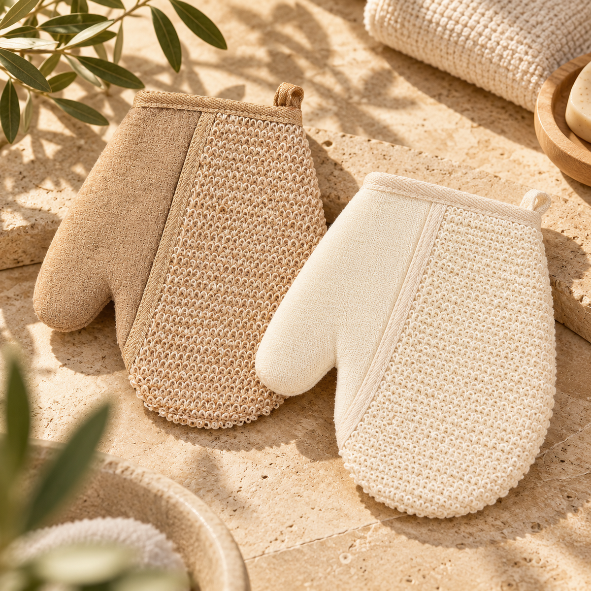 Exfoliating Bath & Shower Glove Duo 2Pcs Set, Beige & Brown