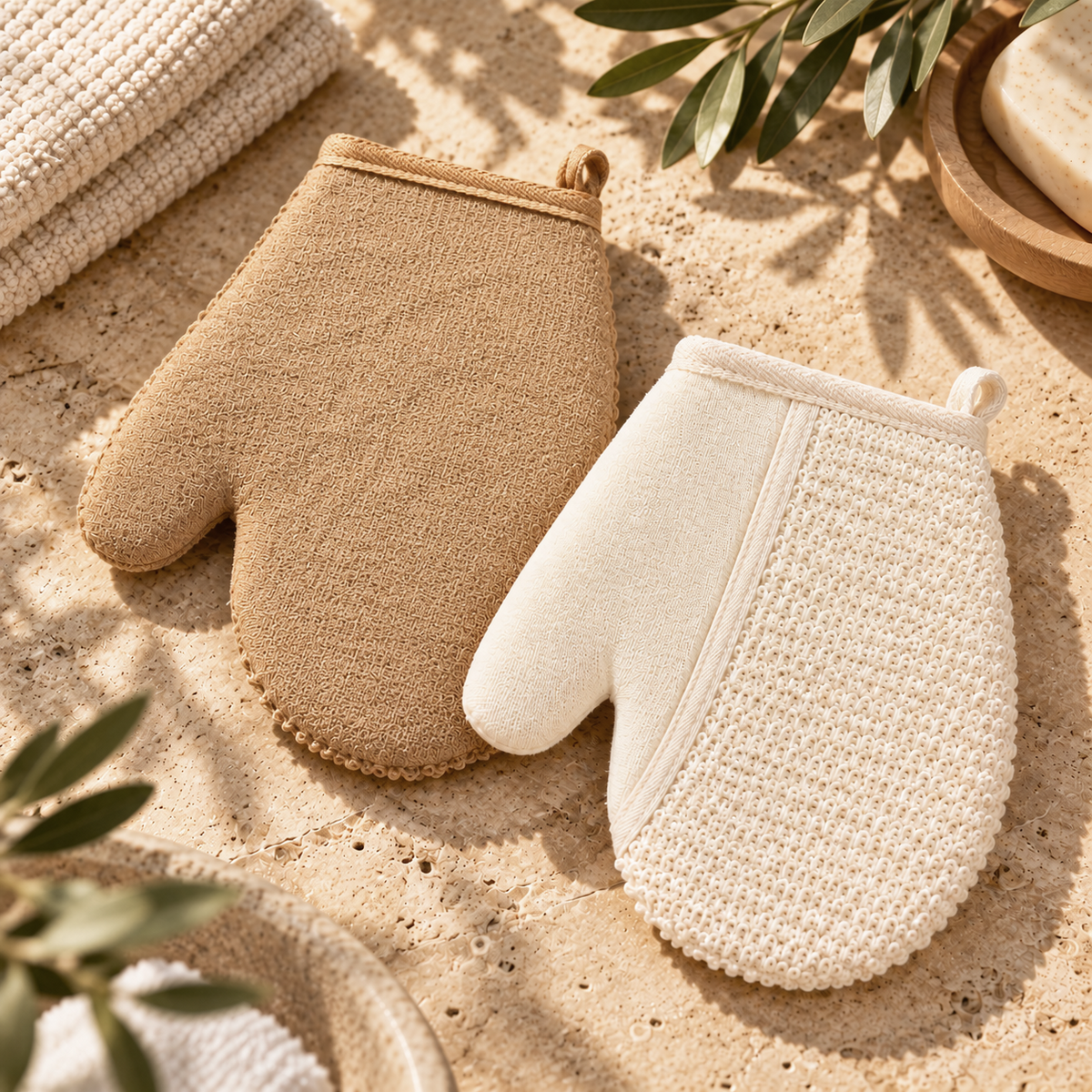 Exfoliating Bath & Shower Glove Duo 2Pcs Set, Beige & Brown