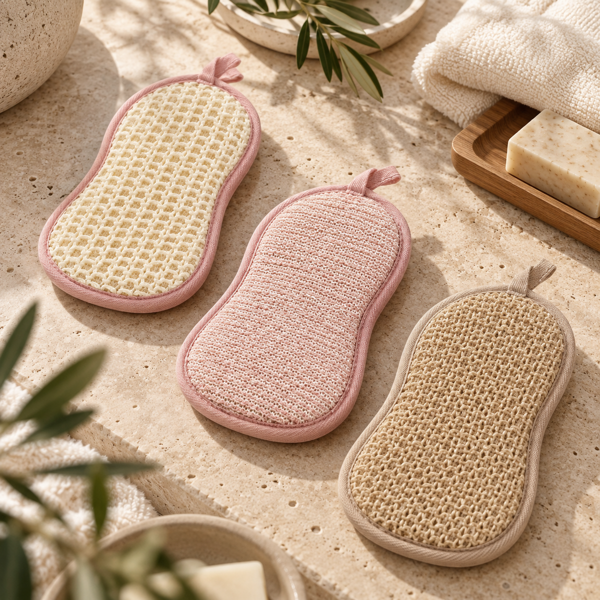 Exfoliating Bath & Shower Sponges 3Pcs Set, Pink