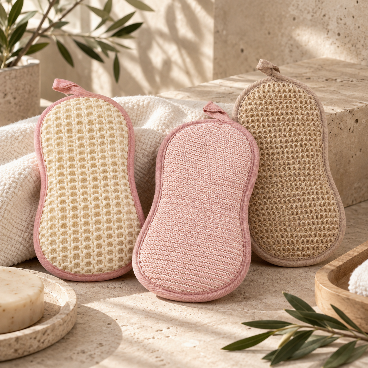 Exfoliating Bath & Shower Sponges 3Pcs Set, Pink