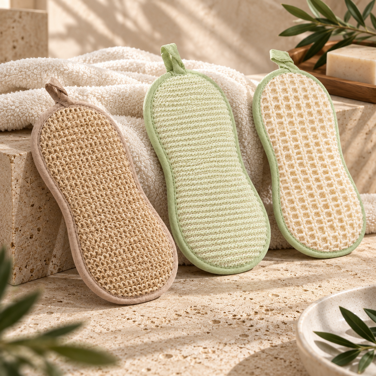 Exfoliating Bath & Shower Sponges 3Pcs Set, Green