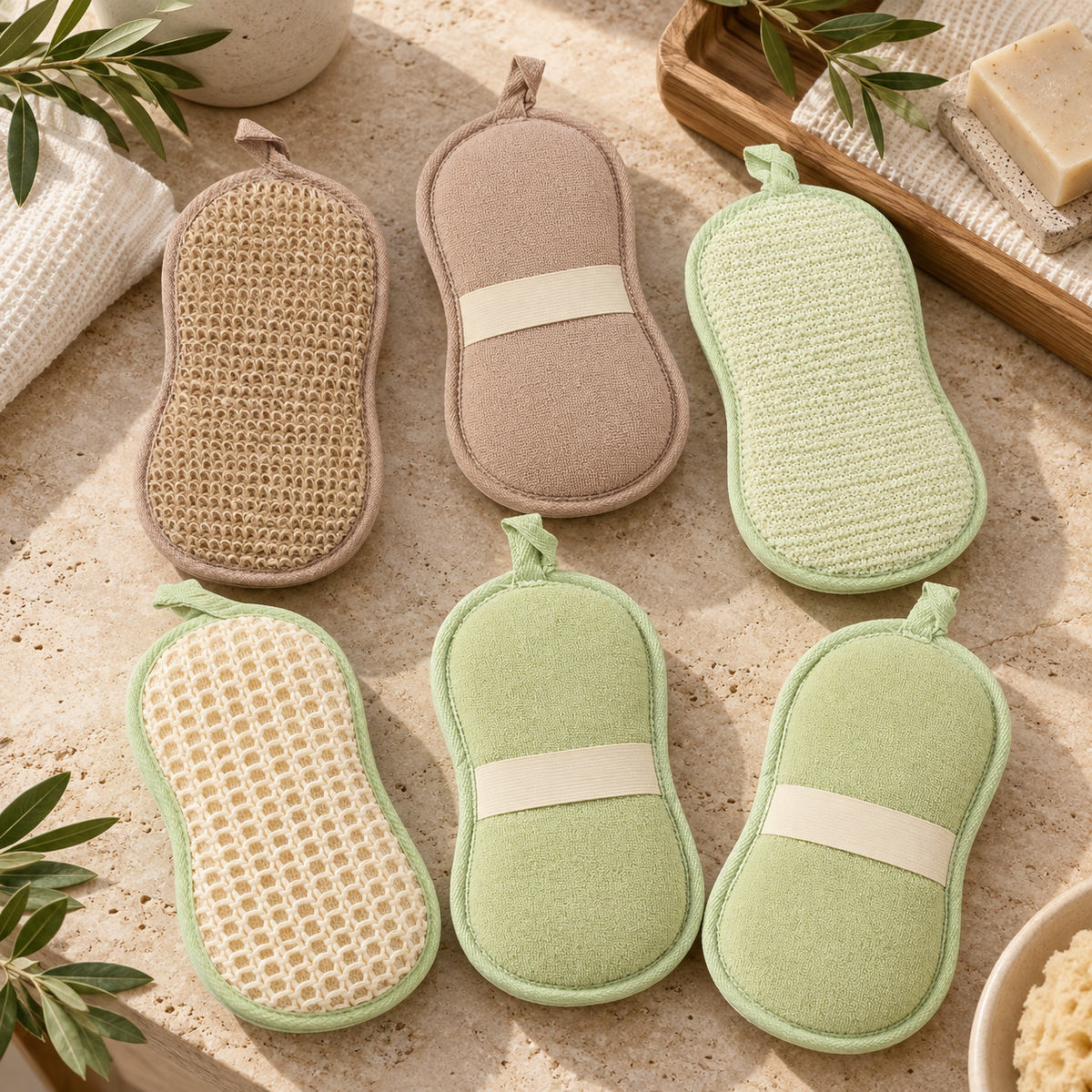 Exfoliating Bath & Shower Sponges 3Pcs Set, Green