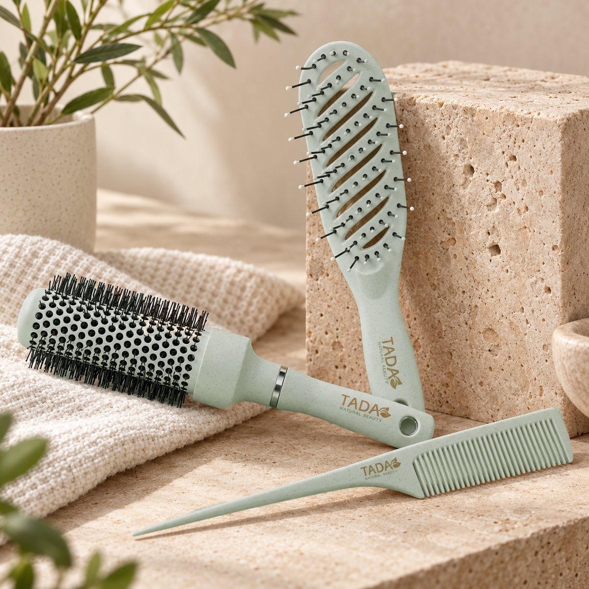 Wheat Straw Hair Brush Trio 3Pcs Set, Green