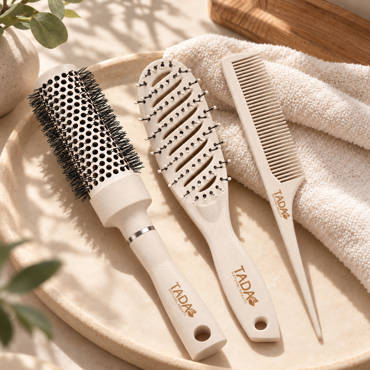 Wheat Straw Hair Brush Trio 3Pcs Set, Beige