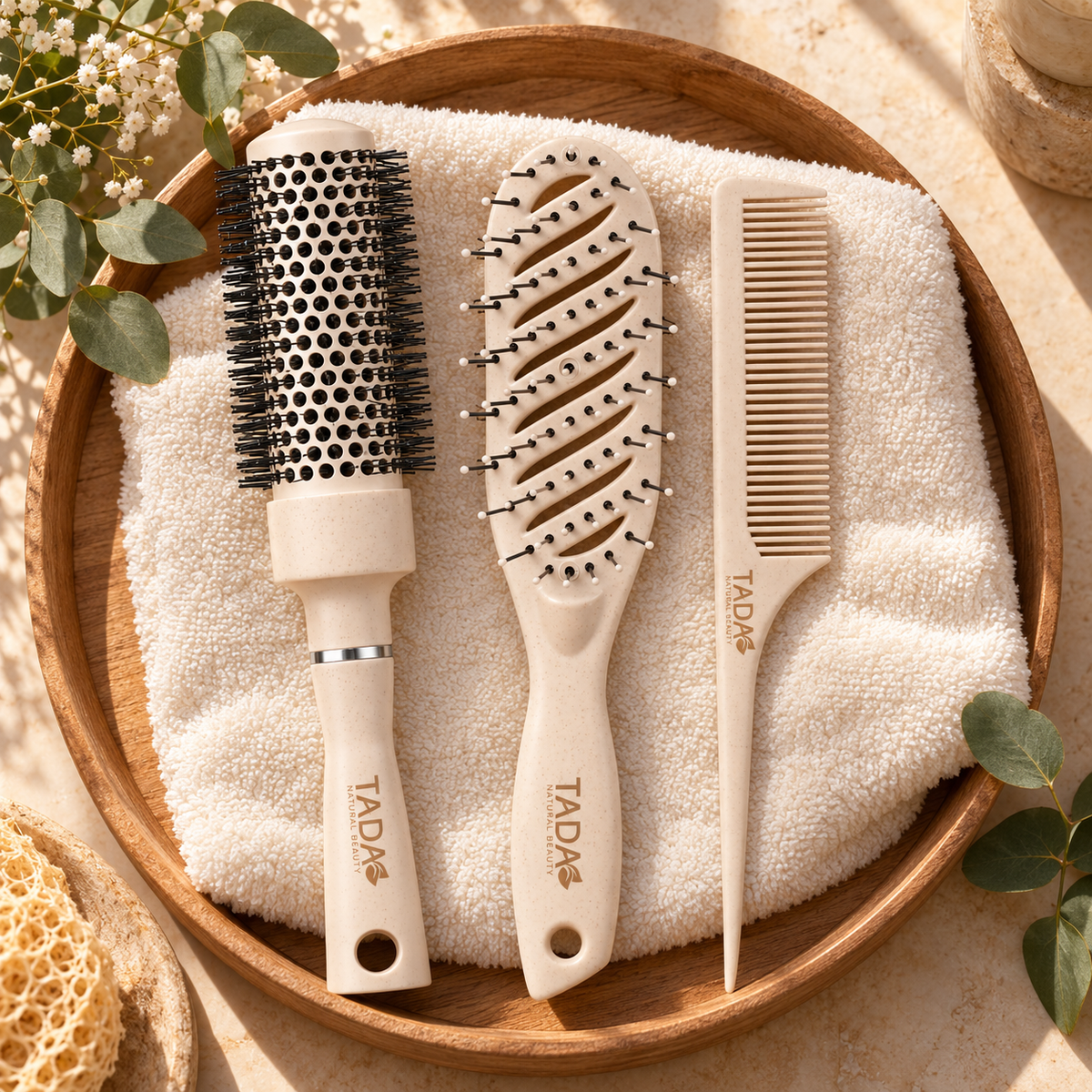 Wheat Straw Hair Brush Trio 3Pcs Set, Beige