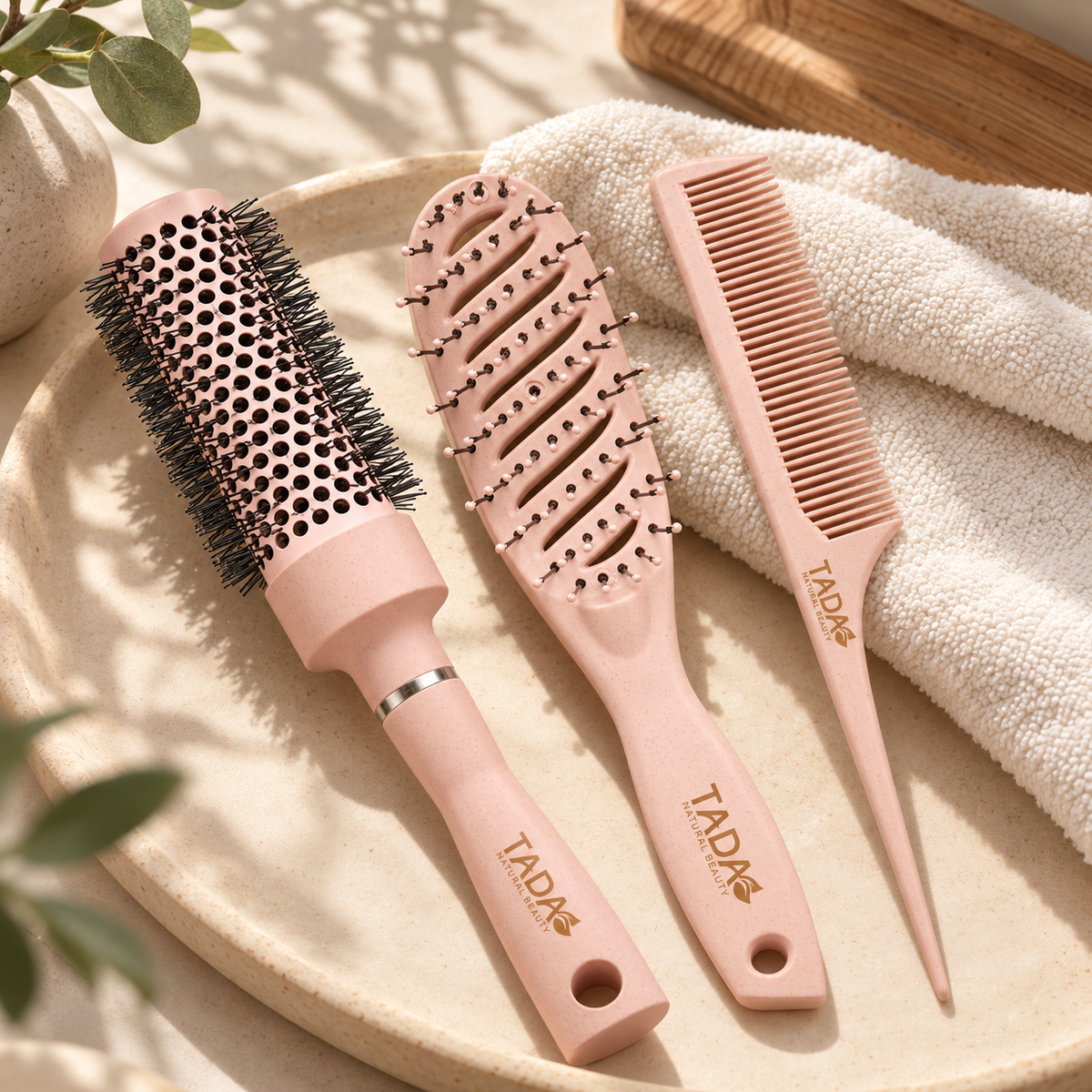 Wheat Straw Hair Brush Trio 3Pcs Set, Pink