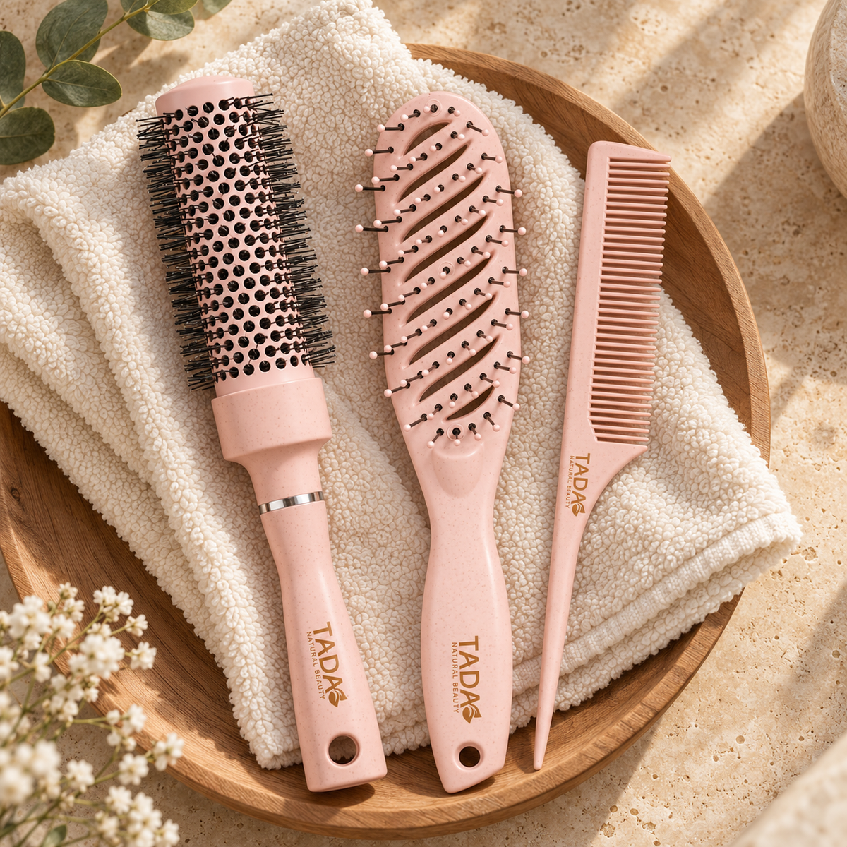 Wheat Straw Hair Brush Trio 3Pcs Set, Pink