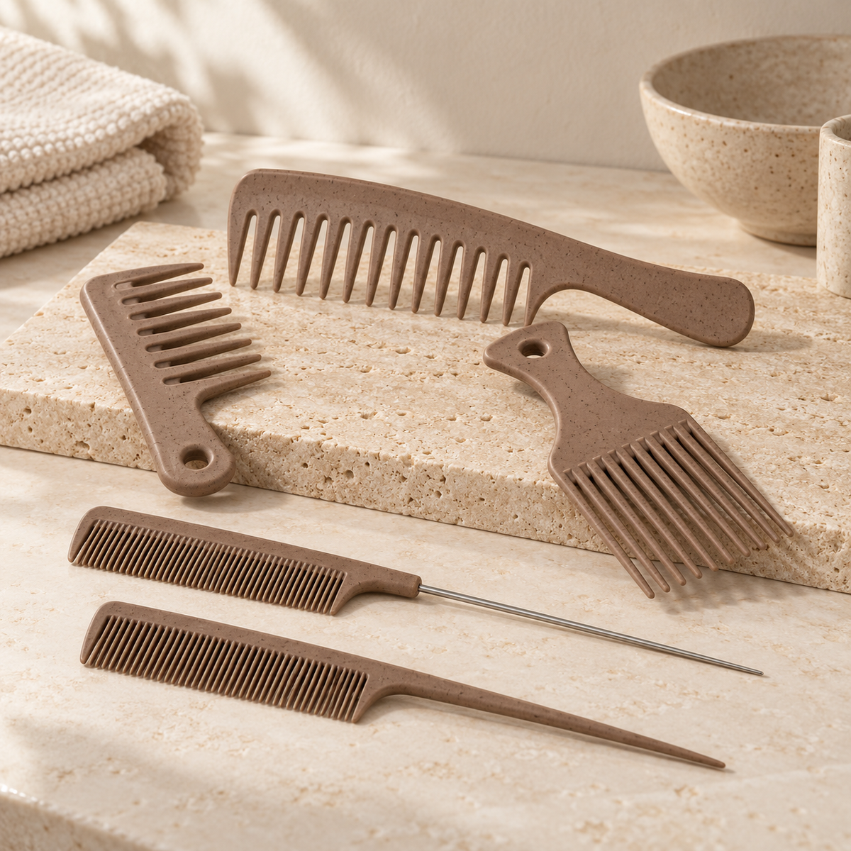 Wheat Straw Style & Detangle Comb 5Pcs Set, Dark Brown
