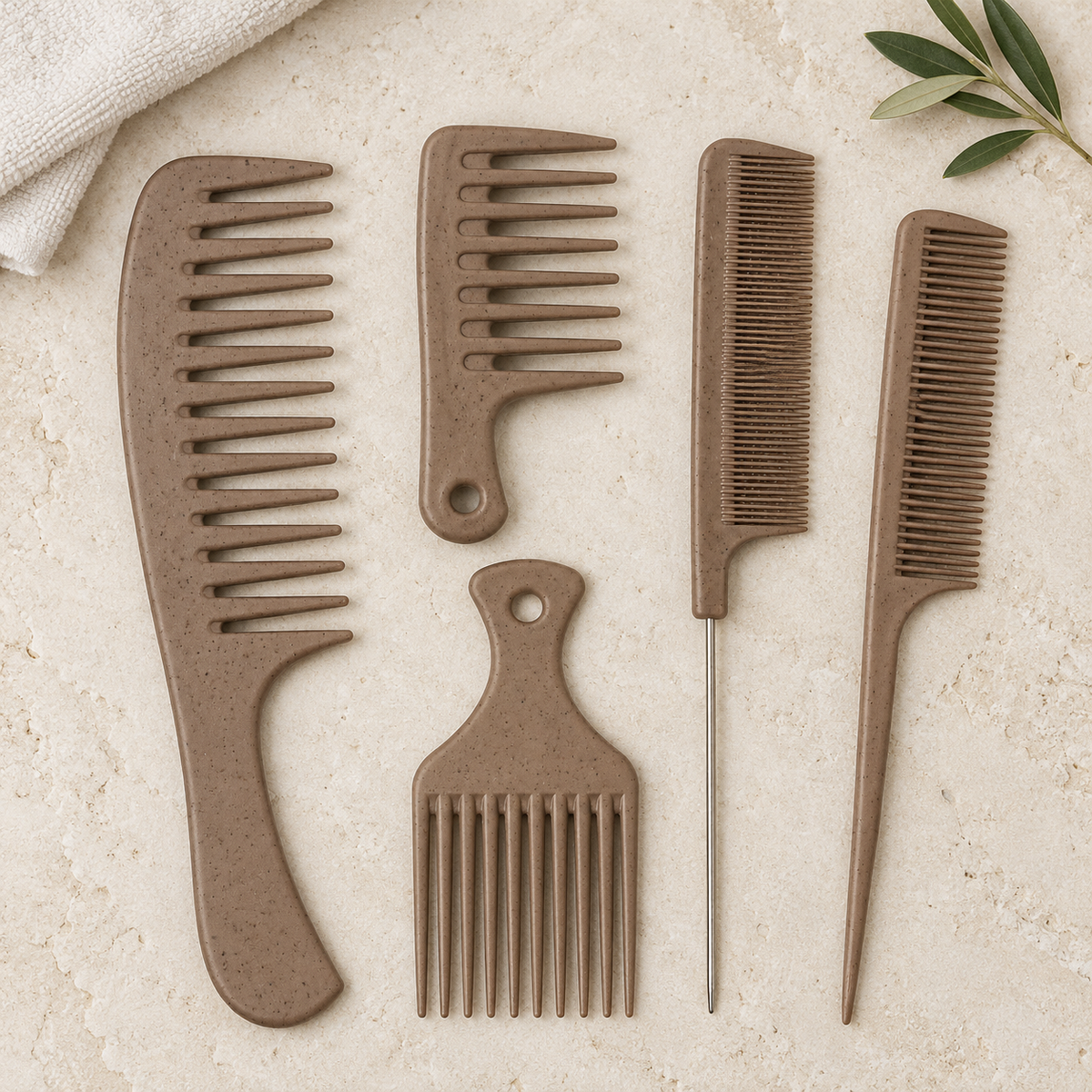 Wheat Straw Style & Detangle Comb 5Pcs Set, Dark Brown