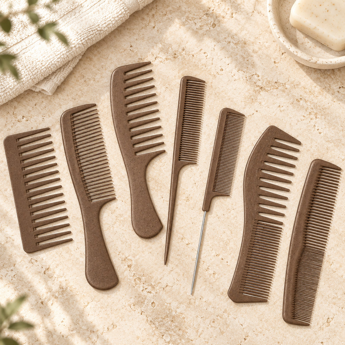 Wheat Straw Style & Detangle Comb 7Pcs Set, Dark Brown