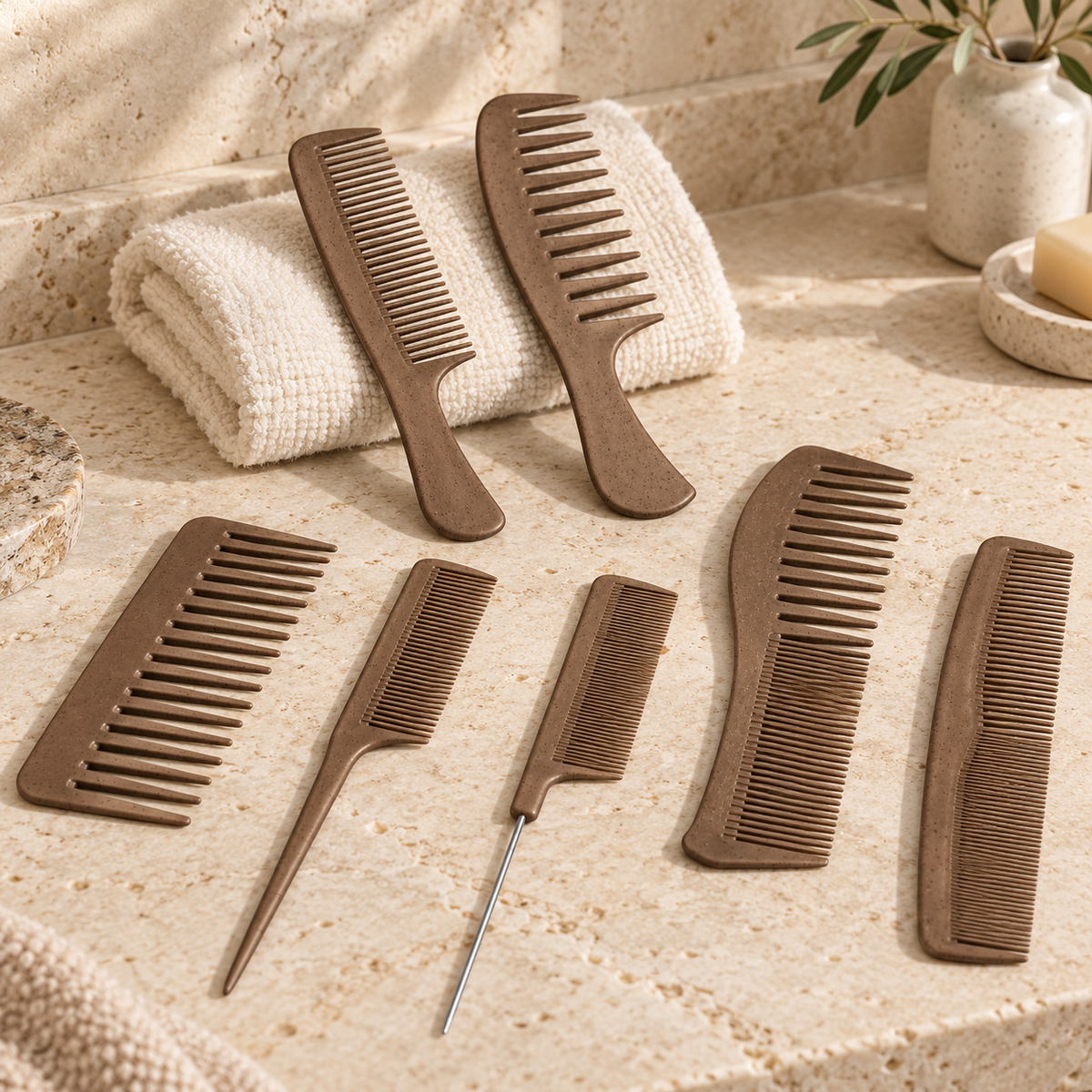 Wheat Straw Style & Detangle Comb 7Pcs Set, Dark Brown