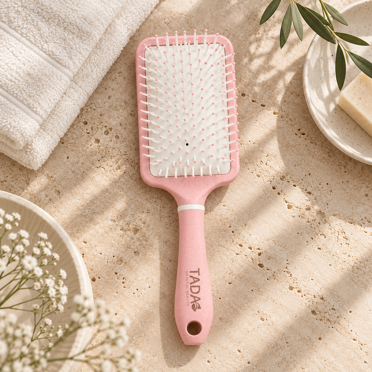 Biodegradable Wheat Straw Square Paddle Brush, Pink