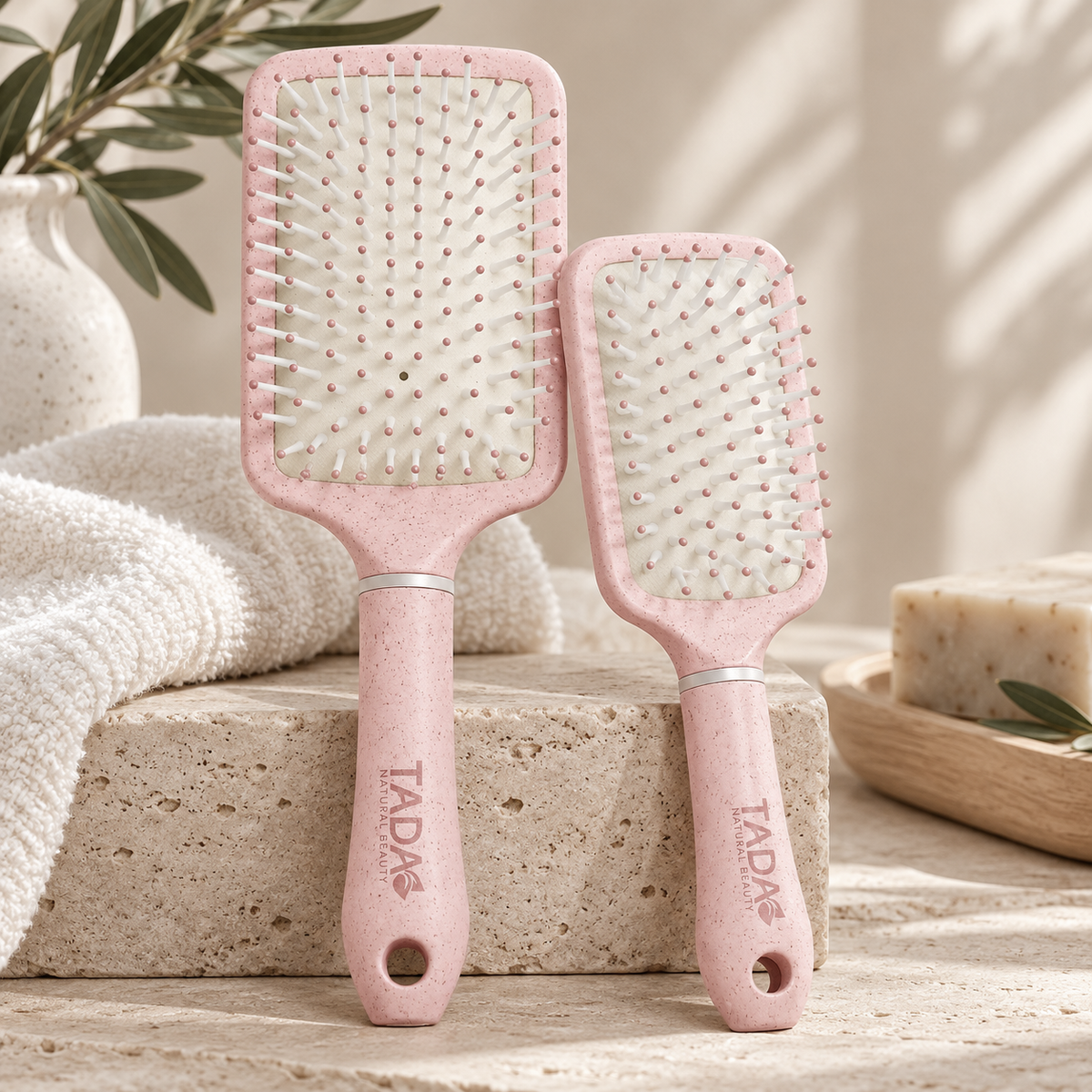 Biodegradable Wheat Straw Square Paddle & Mini Brush Combo 2Pcs Set, Pink