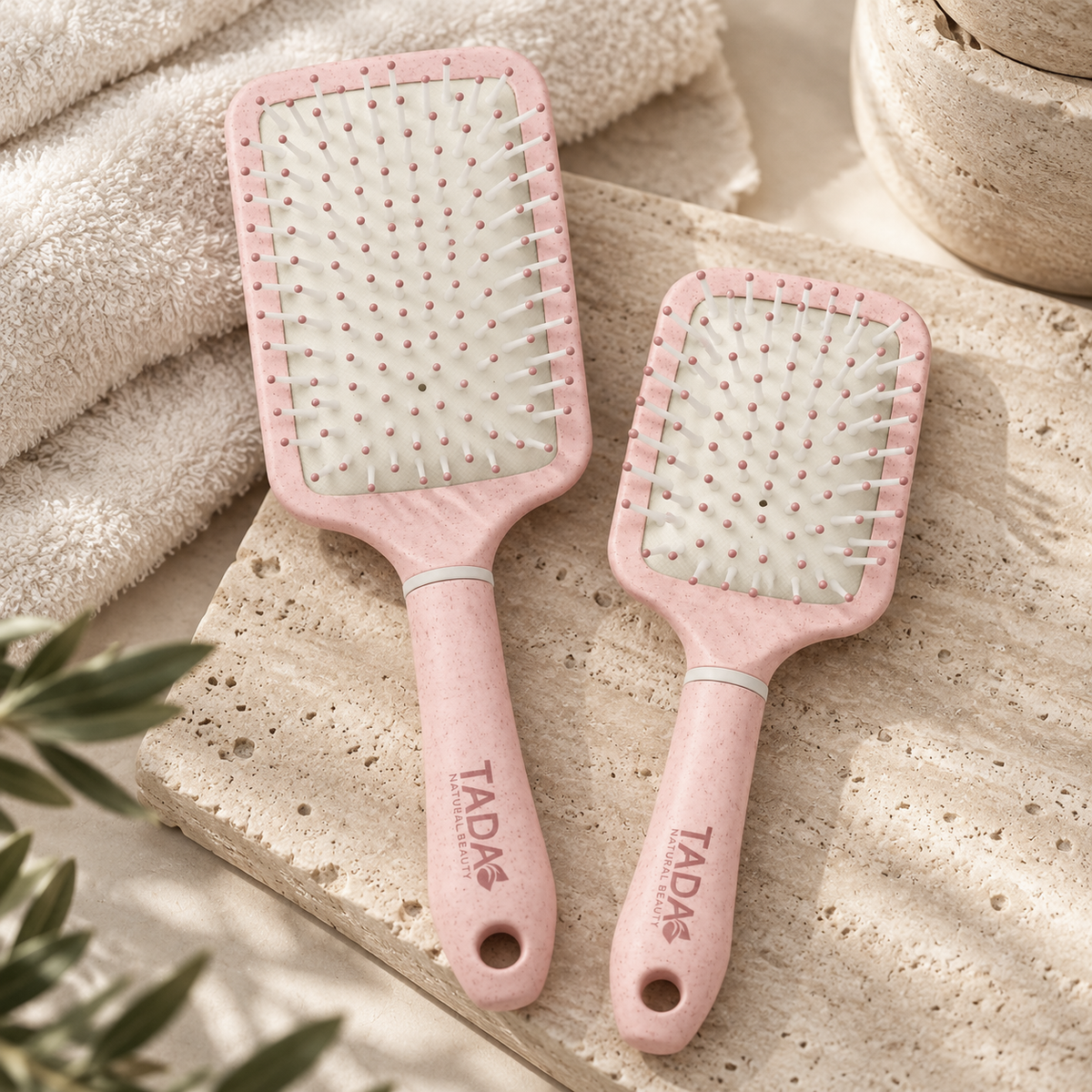 Biodegradable Wheat Straw Square Paddle & Mini Brush Combo 2Pcs Set, Pink