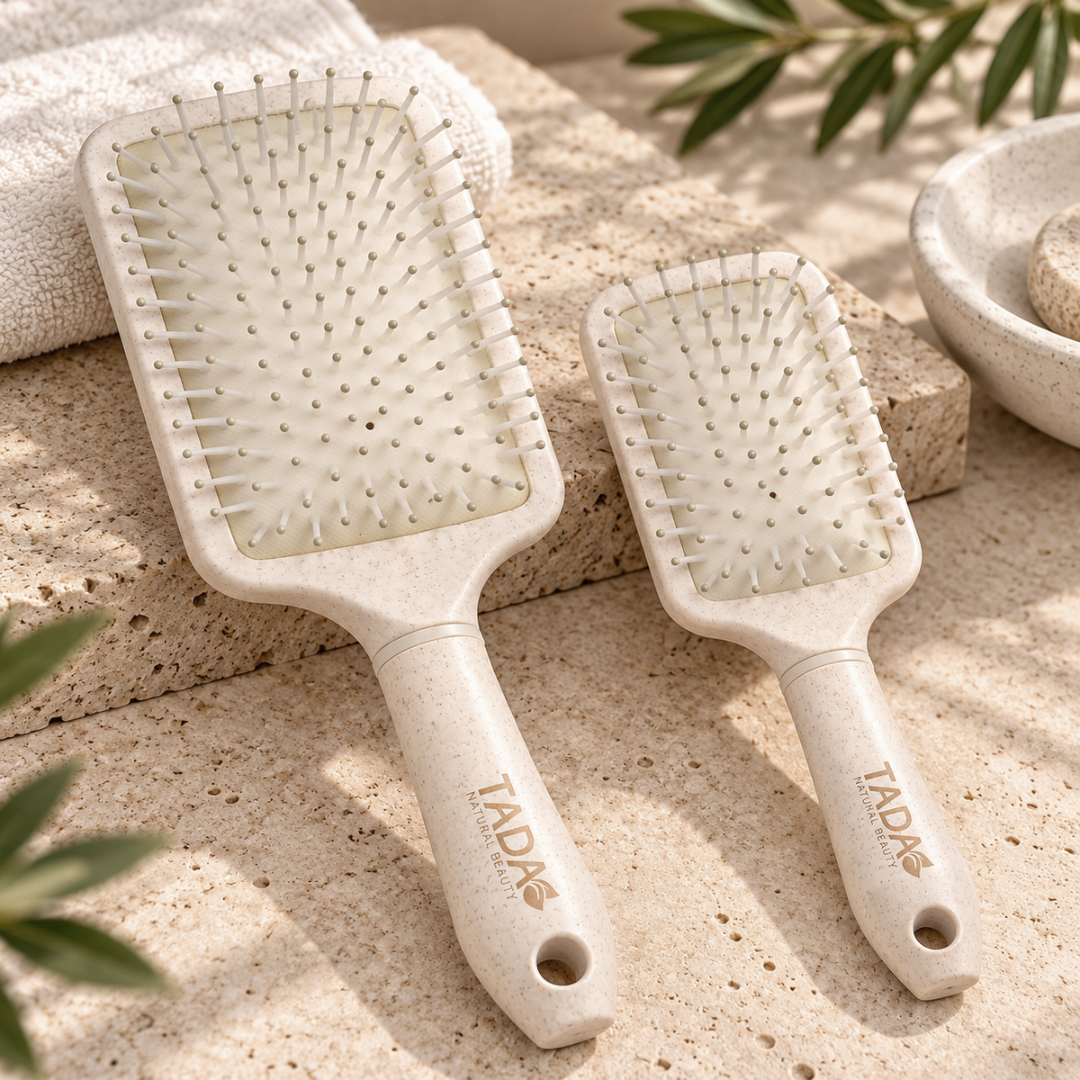 Biodegradable Wheat Straw Square Paddle & Mini Brush Combo 2Pcs Set, Beige