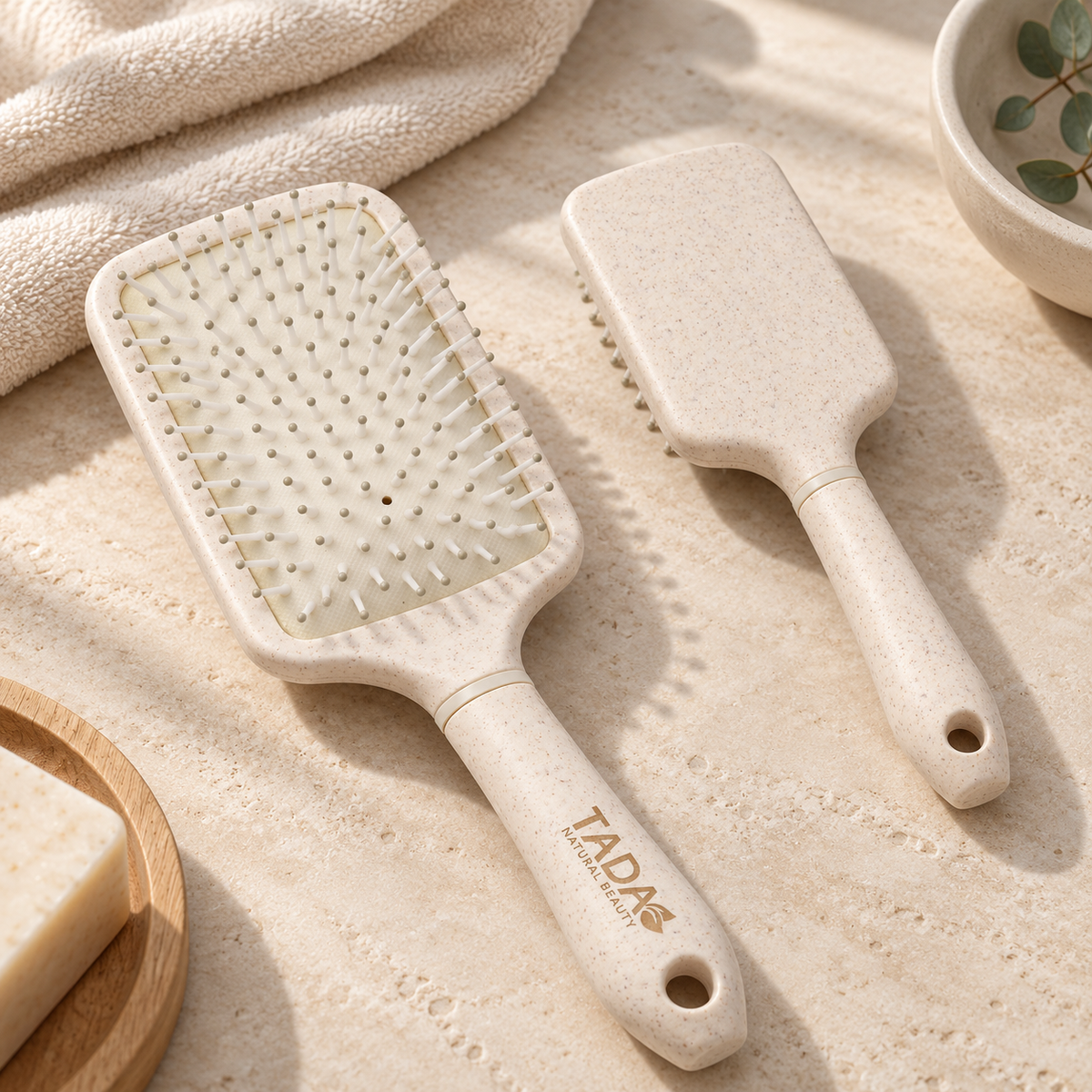 Biodegradable Wheat Straw Square Paddle & Mini Brush Combo 2Pcs Set, Beige
