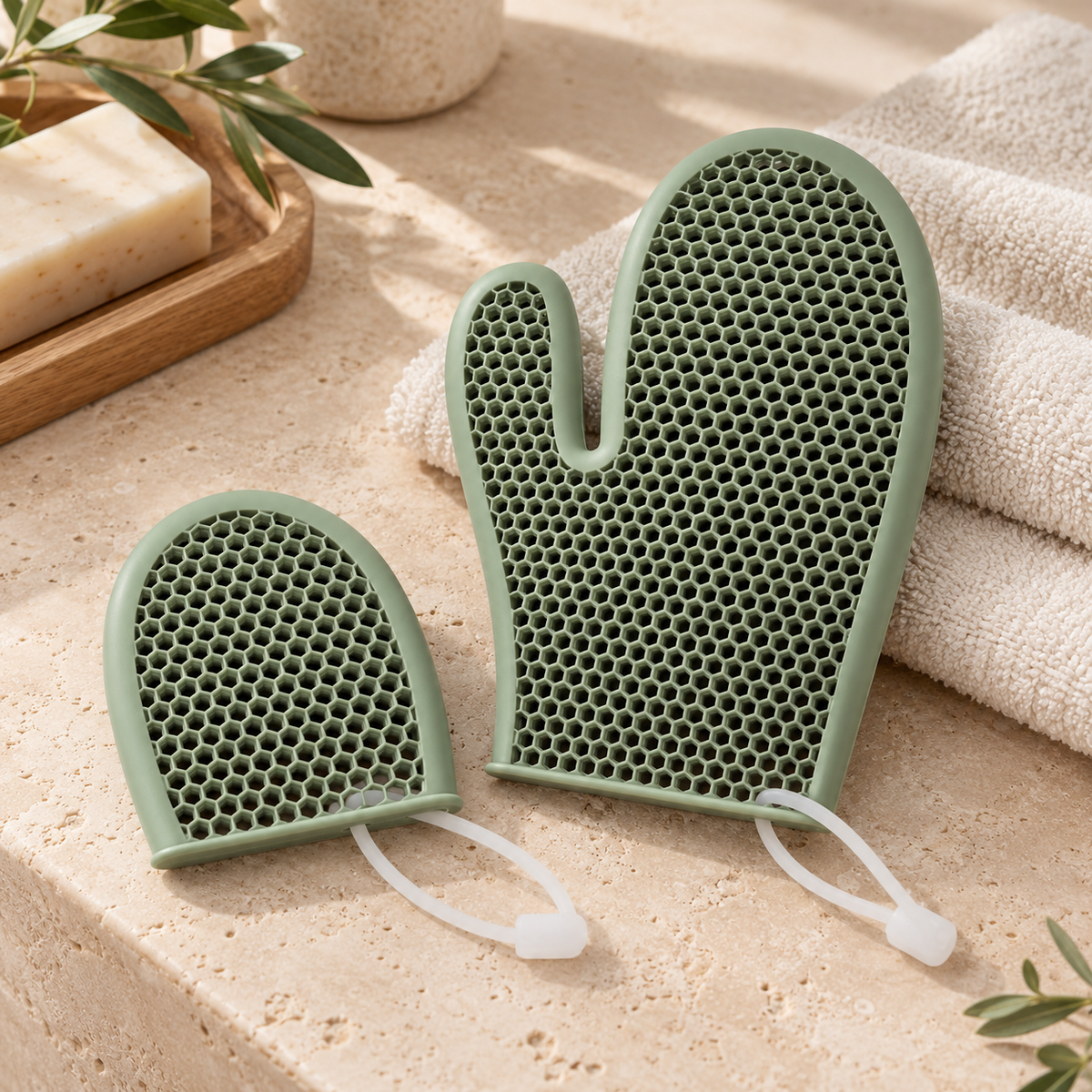 Silicone Exfoliating Body Cleansing Gloves with Hook 2 Pcs Set