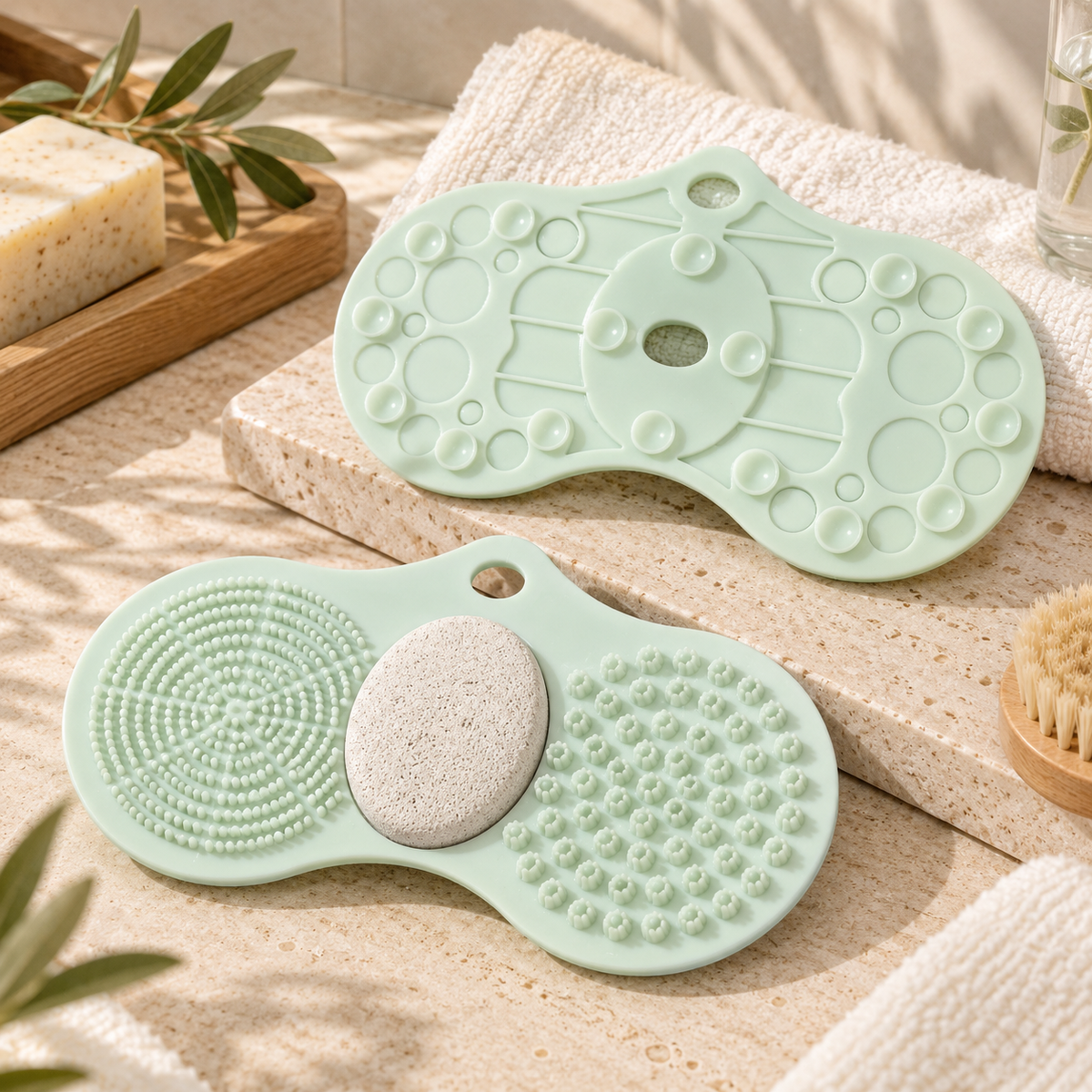 Step & Clean 3-Step Foot Care Mat with Pumice Stone, Green
