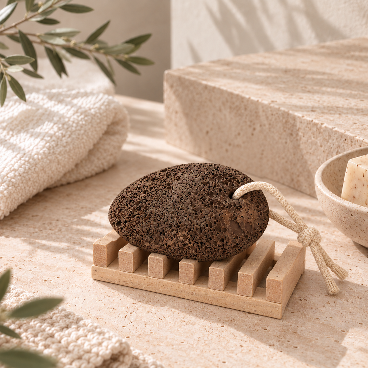 Volcanic Lava Pumice Stone with Wood Stand 2Pcs Set